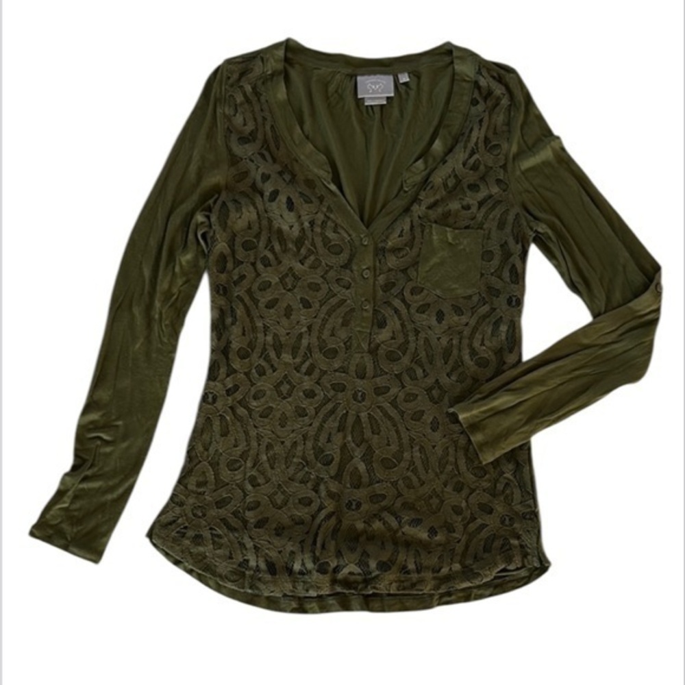 Anthropologie Vanessa Virginia Olive Green lace Long Sleeve Top size medium